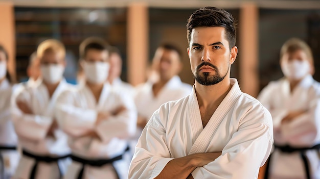 Un joven con un gi de karate blanco está en una postura de lucha rodeado por sus compañeros de equipo enmascarados