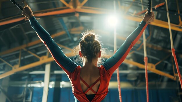 Foto una joven gimnasta está actuando en las barras irregulares lleva un leotardo rojo y azul y su cabello está en un pan.