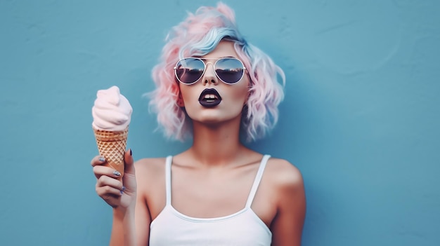 Una joven glamurosa con gafas posando con helado en un fondo azul del estudio