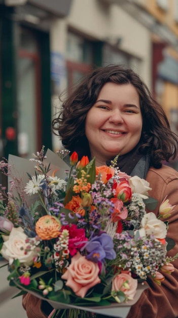 Una joven gorda sonriente con un ramo de flores en la mano