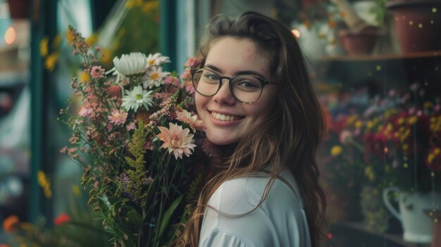 Una joven gorda sonriente con un ramo de flores en la mano