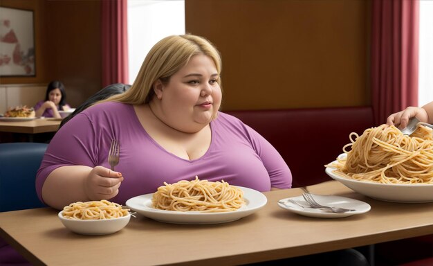 joven gordo obeso comiendo mucho espagueti en un restaurante