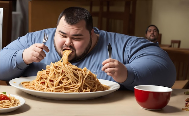 joven gordo obeso comiendo mucho espagueti en un restaurante