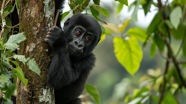 Un joven gorila de montaña trepando en un árbol Generativo Ai