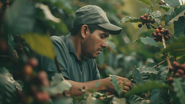 Un joven con una gorra verde está cosechando granos de café de un árbol El hombre lleva una camisa verde y una gorra Verde