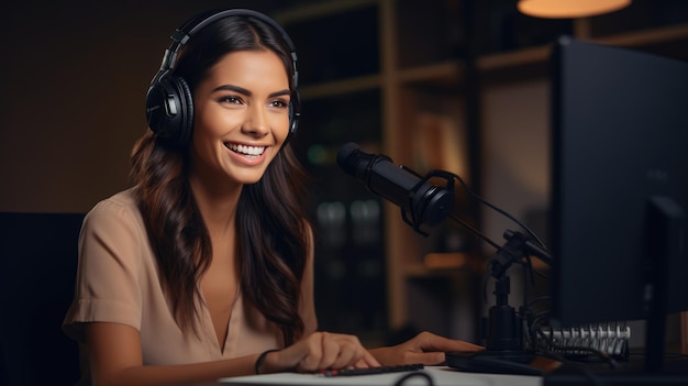 Una joven graba un podcast en su oficina en casa.