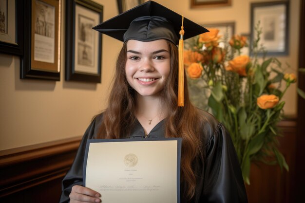 Una joven graduada parada frente a su diploma con un sombrero creado con inteligencia artificial generativa