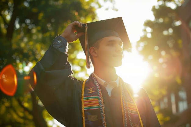 Joven graduado ajustando la gorra a la luz del sol momento de orgullo en el campus universitario