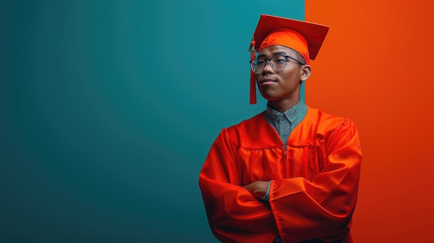 Un joven graduado confiado con gorra y bata con un futuro esperanzador por delante