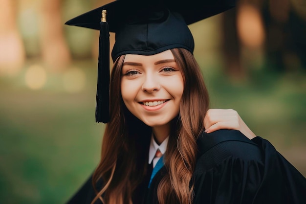 Joven graduado feliz en gorra académica cuadrada en el fondo de la universidad Generative Ai