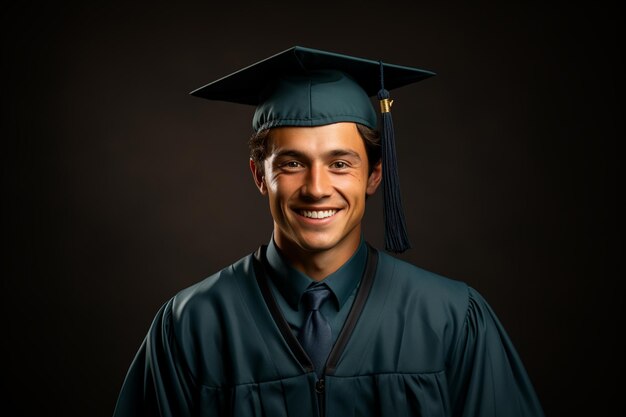 joven graduado con gorra en fondo de color sólido sesión de fotos