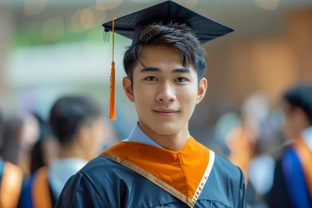 Un joven graduado sonriente con gorra y bata celebrando sus logros académicos en la universidad