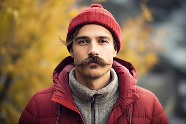 Un joven con gran bigote y gorro tejido al aire libre en noviembre