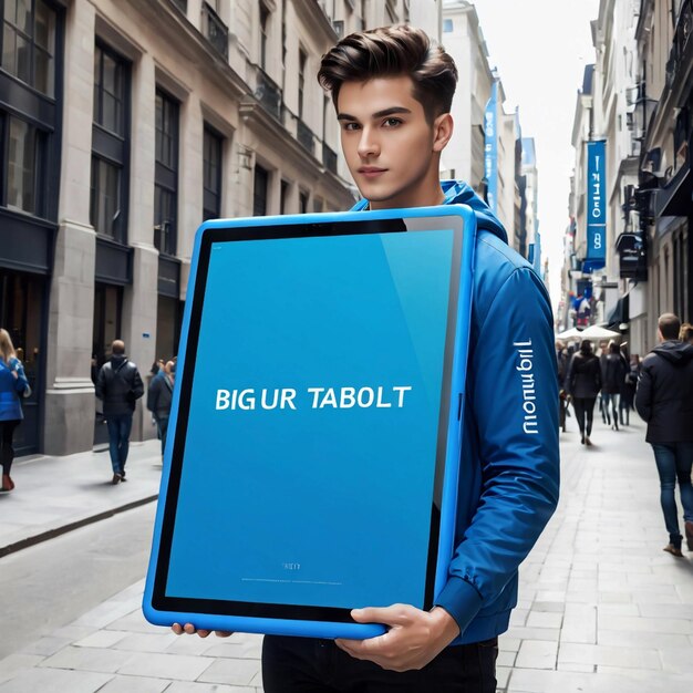 joven con una gran tableta azul con una inscripción