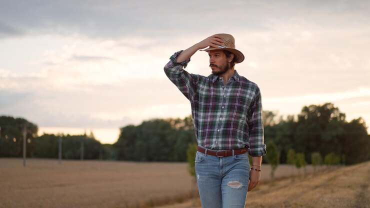 Joven granjero caminando por un campo de hierba y disfrutando del bosque al final del día en el