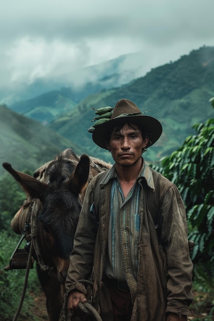 Un joven granjero colombiano está de pie junto a su mula cargada de granos de café