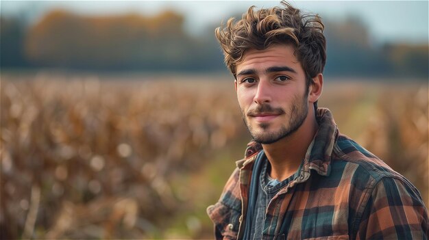 Un joven granjero guapo con antecedentes agrícolas.