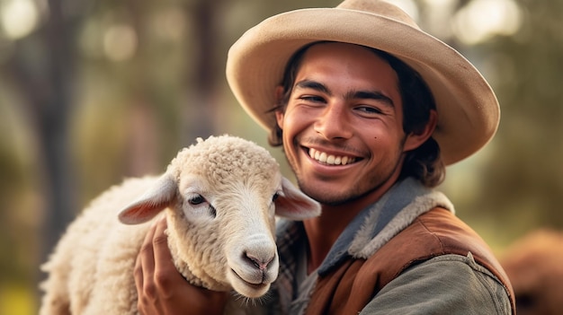 Joven granjero una oveja