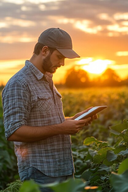 Joven granjero con una tableta digital de pie en un campo de vista lateral El hombre está sosteniendo una tableta de computadora