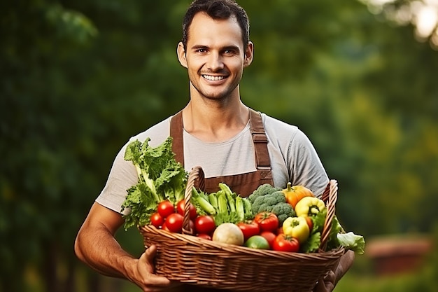 Joven granjero con verduras frescas en una canasta