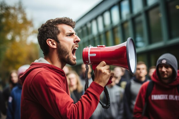 Un joven grita amenazadoramente en un altavoz rojo en una protesta o huelga estudiantil en la universidad