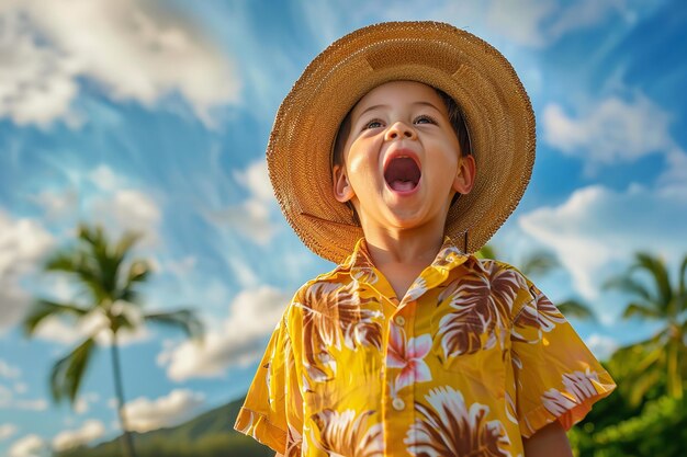 Foto el joven grita desde un sombrero de paja y una camisa hawaiana amarilla ia generativa