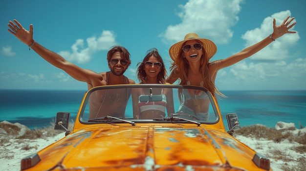 joven grupo de amigos felices en un coche cabriolet en las vacaciones de verano generativo ai arte