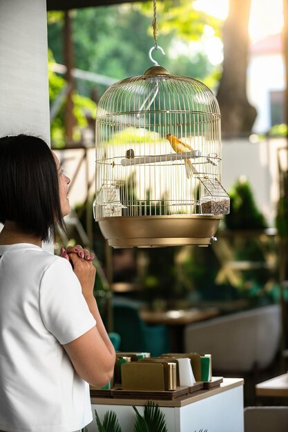 joven guapa morena en un bar admirando un pájaro canario en una jaula dorada