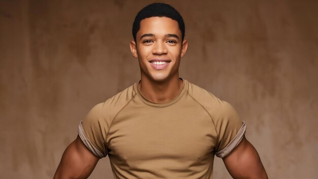 Un joven y guapo afroamericano con una camiseta caqui.