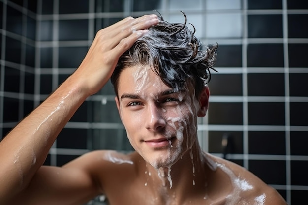 Un joven guapo aplicando champú en su cabello preparándose para un lavado