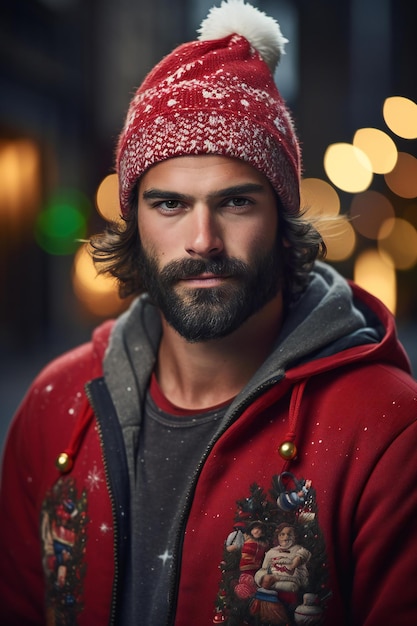 Joven guapo con barba y bigote con abrigo rojo de invierno y sombrero de Santa Claus de pie en