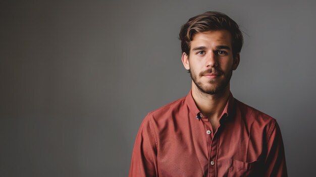 Un joven guapo con cabello castaño y ojos azules está mirando a la cámara lleva una camisa roja y tiene una ligera sonrisa en la cara