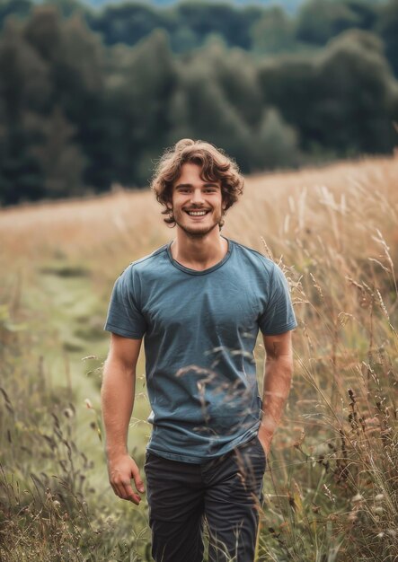 Foto un joven guapo está caminando por el bosque.