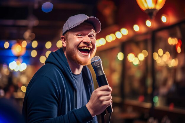 Un joven guapo cantando en un micrófono en un pub