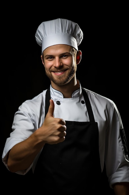 Joven y guapo chef con el pulgar hacia arriba sobre fondo negro