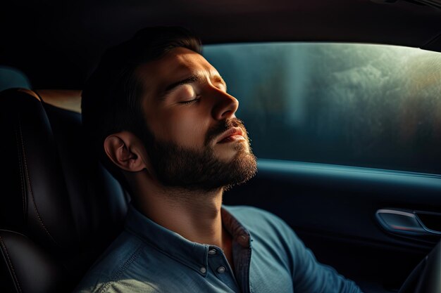 Un joven guapo durmiendo en el asiento trasero de un coche