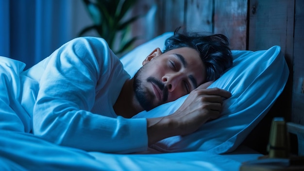 Un joven guapo durmiendo en su cama.