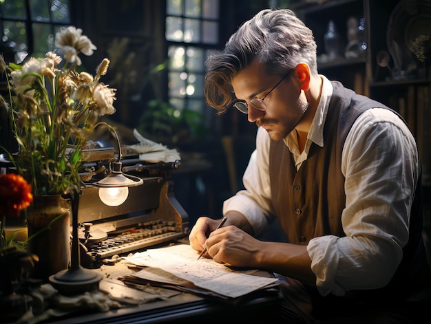 Joven y guapo escritor escribiendo una carta en una oficina vintage IA generativa