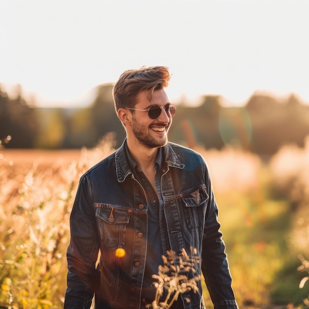 Un joven guapo está caminando por el bosque.