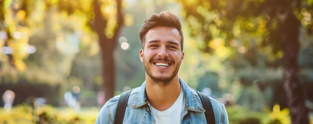 Un joven guapo está caminando por el bosque.