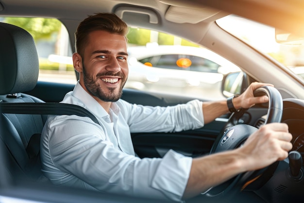 Un joven guapo está conduciendo un coche y sonriendo conduciendo un automóvil con una vista clara de la ciudad