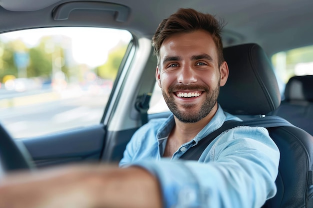 Un joven guapo está conduciendo un coche y sonriendo conduciendo un automóvil con una vista clara de la ciudad