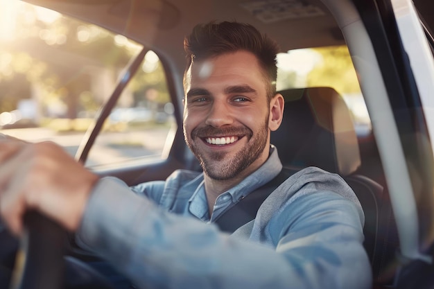 Un joven guapo está conduciendo un coche y sonriendo conduciendo un automóvil con una vista clara de la ciudad