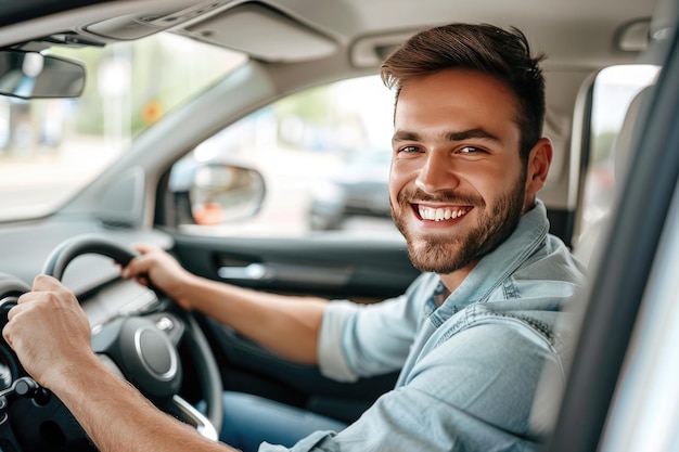 Un joven guapo está conduciendo un coche y sonriendo conduciendo un automóvil con una vista clara de la ciudad