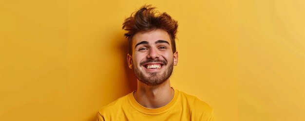 Foto un joven guapo está feliz y sonriendo sobre un fondo amarillo.