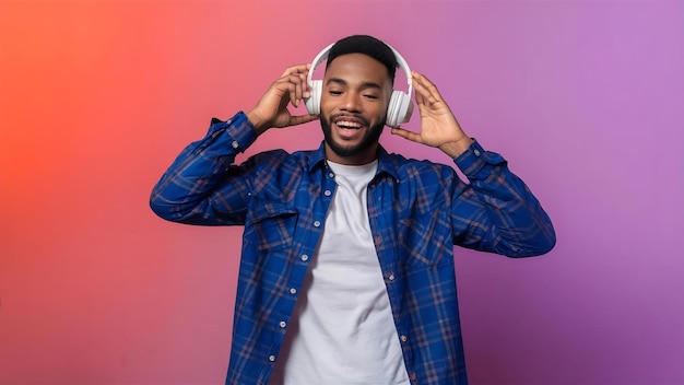 Joven, guapo, feliz, sonriente, hombre bailando y escuchando música con auriculares aislados en un estudio blanco.