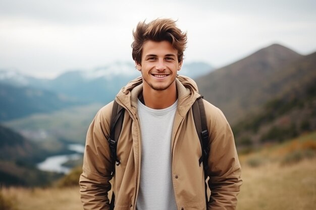 Un joven guapo en el fondo de las montañas