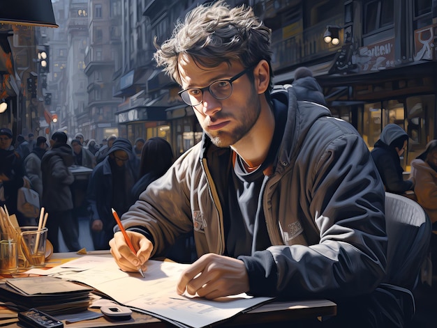 Joven guapo con gafas escribiendo en un cuaderno mientras está sentado en un banco en un café callejero IA generativa