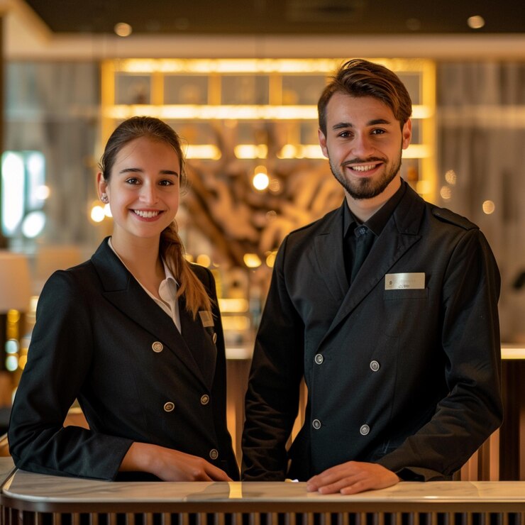 Joven y guapo gerente de hotel en el trabajo
