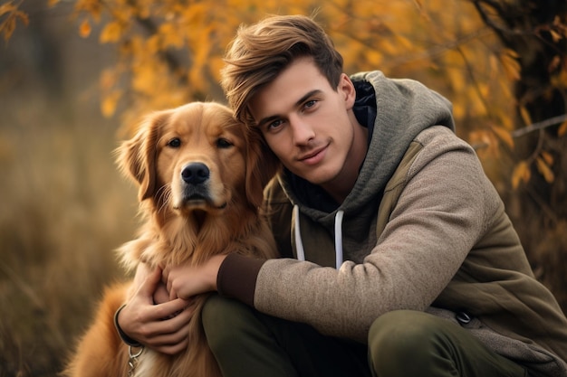 Un joven guapo con un golden retriever al aire libre.